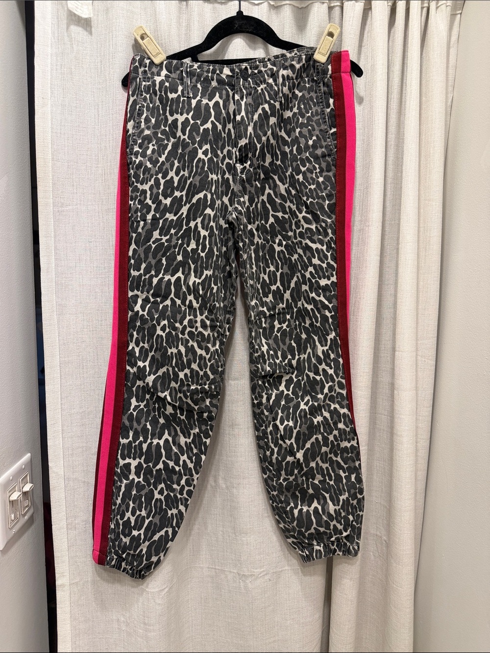 Mother Leopard Print Joggers with Pink Red Side Stripe